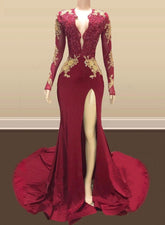 2025 Long Mermaid Gold Red Lace Prom Dresses Mermaid Formal Gowns MyChicDress